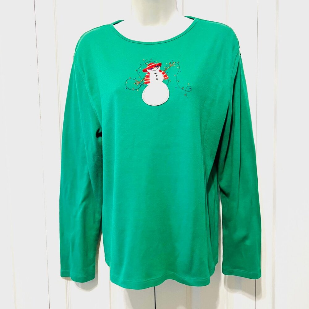 M & C Sportswear-Women's Long Sleeve Green Christmas Blouse-Snowman-Large-Holida